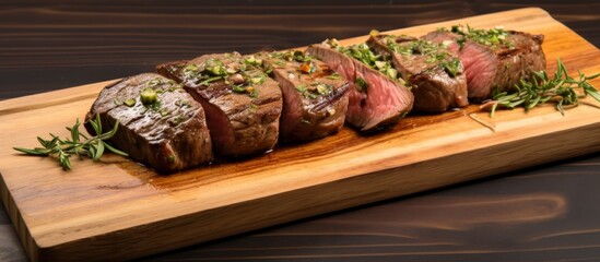 Steak placed on a wooden cutting board, garnished with various herbs and seasoning