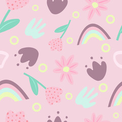Fototapeta na wymiar Seamless children's pattern with magical flowers and rainbow. Creative children's urban texture for fabric, packaging, textiles, wallpaper, clothing. Seamless background with creative decorative ones.