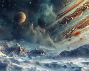 Cosmic voyage to explore the icy landscapes and starlit skies surrounding Jupiter and its moons. - obrazy, fototapety, plakaty