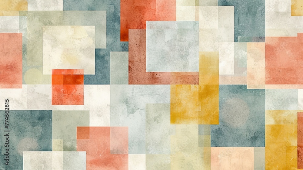 Poster a minimalist geometric pattern of squares and rectangles in muted tones, creating a soothing and har
