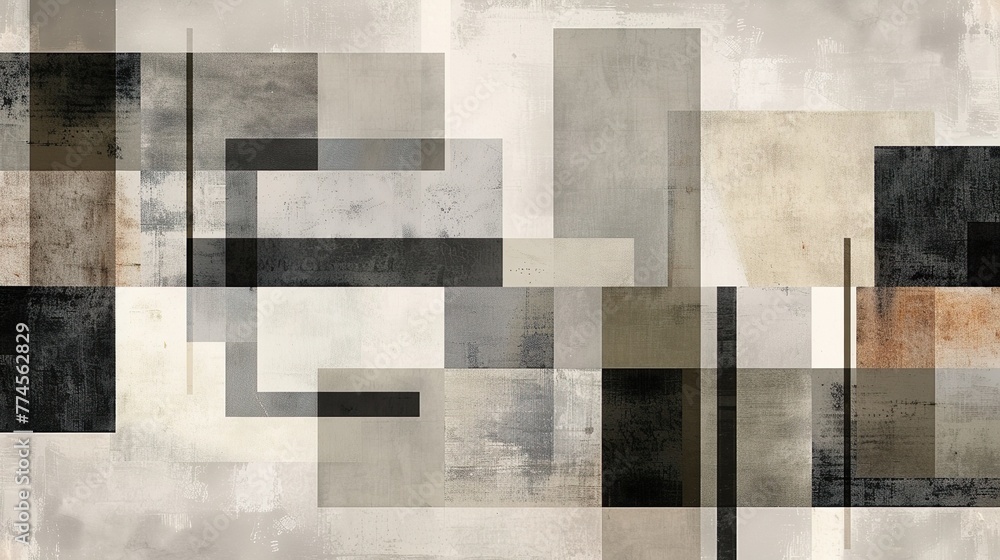 Poster a minimalist geometric pattern of squares and rectangles in muted tones, creating a soothing and har