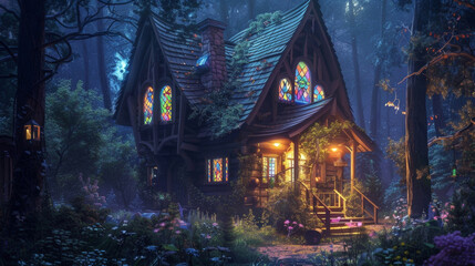 A cozy cabin nestled deep in the woods its windows adorned with whimsical stained glass and its porch lit up by shimmering moonlight. . .