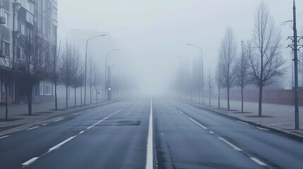 Fototapeta na wymiar High quality photo of an empty street in thick fog. The atmosphere of danger, loneliness and mysticism. Generative AI