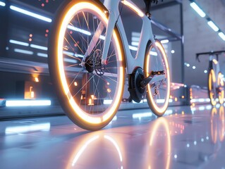 Smart cycling room, dynamic lighting, closeup, engaging and modern