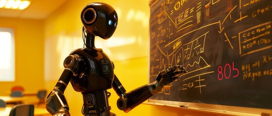 Robot teaching mathematics, soft yellow lighting, classroom setting, side angle
