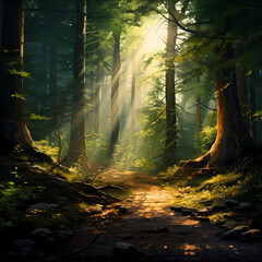A serene forest with sunlight filtering through treetops