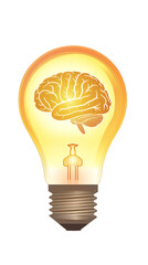 Creative concept of a brain inside a light bulb, symbolizing idea generation and innovation. Flat design drawing of an icon isolated over blank transparent background