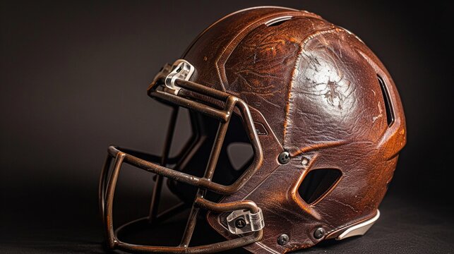 Leather football helmet, scuffed and aged, dramatic lighting