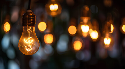 A single light bulb is surrounded by other light bulbs. Concept of a single idea or concept being the focus - obrazy, fototapety, plakaty