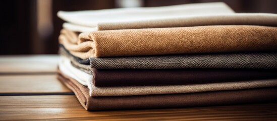 Neatly arranged, a close-up captures various shades of brown and tan fabrics neatly folded in a...