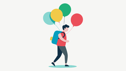 A person carrying a backpack full of different colored balloons representing the management of a diverse range of emotions using emotional