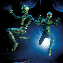 Alien acrobats performing in zero gravity. 