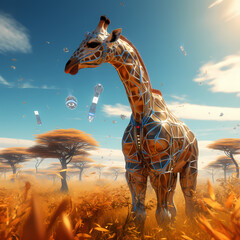 Cybernetic giraffe grazing in a digital savannah.