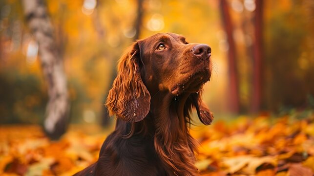Irish setter on a walk in the autumn park among the yellow-red leaves.