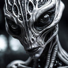 A striking close-up of an alien figure.