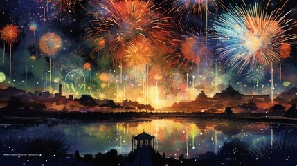 colorful fireworks on the sky background over-water - obrazy, fototapety, plakaty