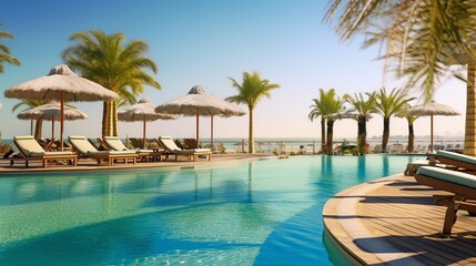 Fototapeta na wymiar Swimming pool with sunbeds and umbrellas.