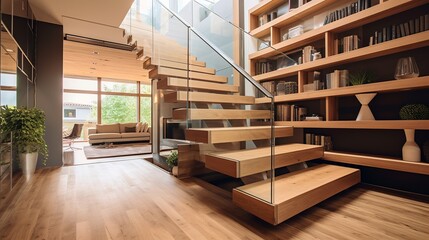 Interior of a modern living room with stairs and bookshelves
