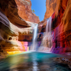 Rainbow-colored waterfall in a crystal canyon.