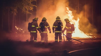 Foto op Plexiglas Firefighters fighting a fire in a burning building. Firefighters training © danang