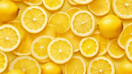 Slices of lemon on green background, top view. Citrus pattern