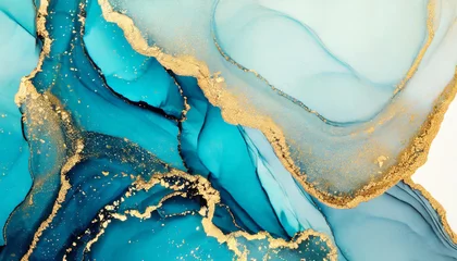 Foto op Canvas Alcohol ink abstract background. Blue golden luxury acrylic paint in water. Texture of marble. Print pattern © Uuganbayar