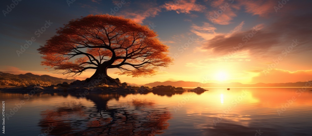 Poster sun setting over a serene lake with a lone tree standing majestically in the center, casting a beaut