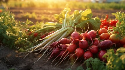 Basket of radishes and carrots on the table in the garden - obrazy, fototapety, plakaty