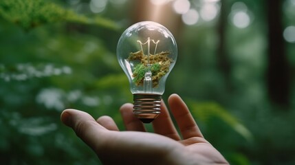 Hand holding a light bulb in the forest. Green energy concept.