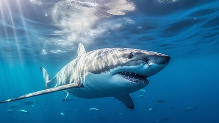 Great White Shark (Carcharodon carcharias) in blue water