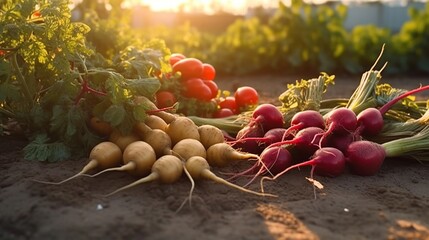 Basket of radishes and carrots on the table in the garden - obrazy, fototapety, plakaty