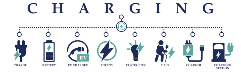 Charging banner web solid icons. Vector illustration concept including icon of charge, battery, ev charge, energy, electricity, plug, charger and charging station