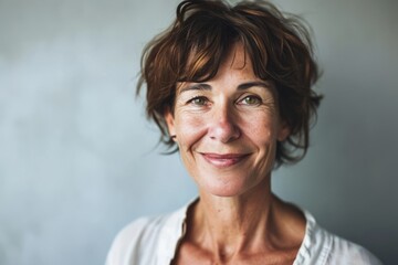 Portrait of a smiling middle aged woman with short hair looking at camera