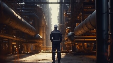Industrial worker standing in front of steel pipes in a factory. - obrazy, fototapety, plakaty