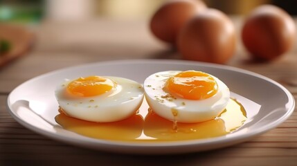 Boiled eggs on plate on wooden table, closeup. Healthy breakfast