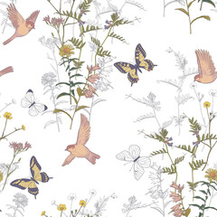 seamless pattern with field flowers, bird and butterflies, vector drawing wild plants at white background , hand drawn natural illustration - obrazy, fototapety, plakaty