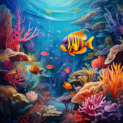 Vibrant underwater scene with exotic fish. 