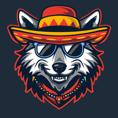 Mascot logo of a wolf wearing sombrero hat and sunglasses
