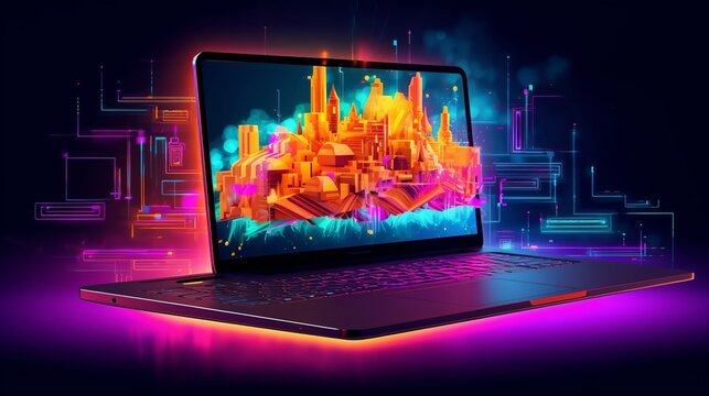 Laptop with city hologram on screen