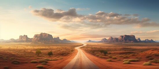 Desert landscape featuring a scenic road stretching through the arid terrain with majestic mountains looming in the distance - obrazy, fototapety, plakaty