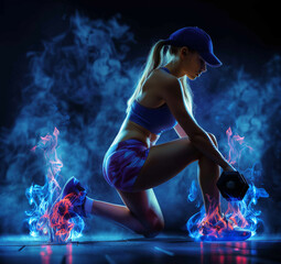Woman Kneeling in Front of Blue Background