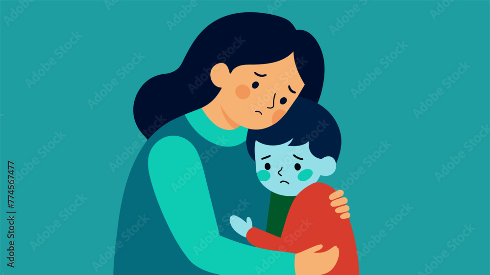 Poster a child huddled into the arms of their parent seeking solace and support as they try to understand t