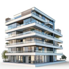 3D Render of a contemporary apartment building depicted on an architectural layout, showcasing its sleek facade and modern amenities, on isolated white background, Generative AI