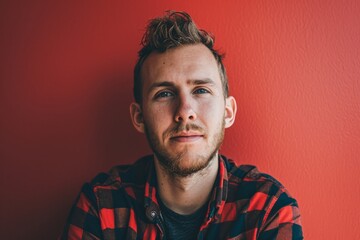 Portrait of a young man with a red plaid shirt on a red background