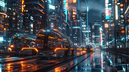 Fototapeta na wymiar Futuristic cityscape with blockchain-powered public transport
