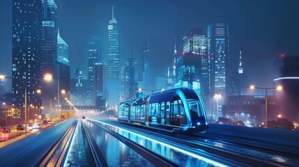 Fototapeta na wymiar Futuristic cityscape with blockchain-powered public transport