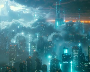Futuristic cityscape with seamless integration of virtual and physical realms