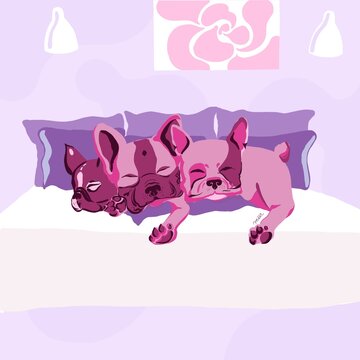 kawaii three head french bulldog dog in color pinck and violet