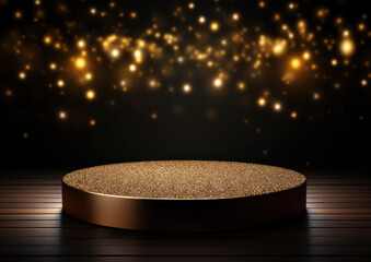 Gold black podium product stage with spotlight and golden glitter background. Gold lights rays scene background. Gold bokeh awards glamour background.