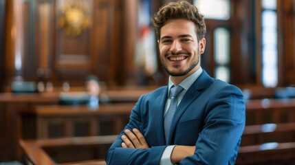 Professional photography of a young male lawyer smiling in a courtroom background